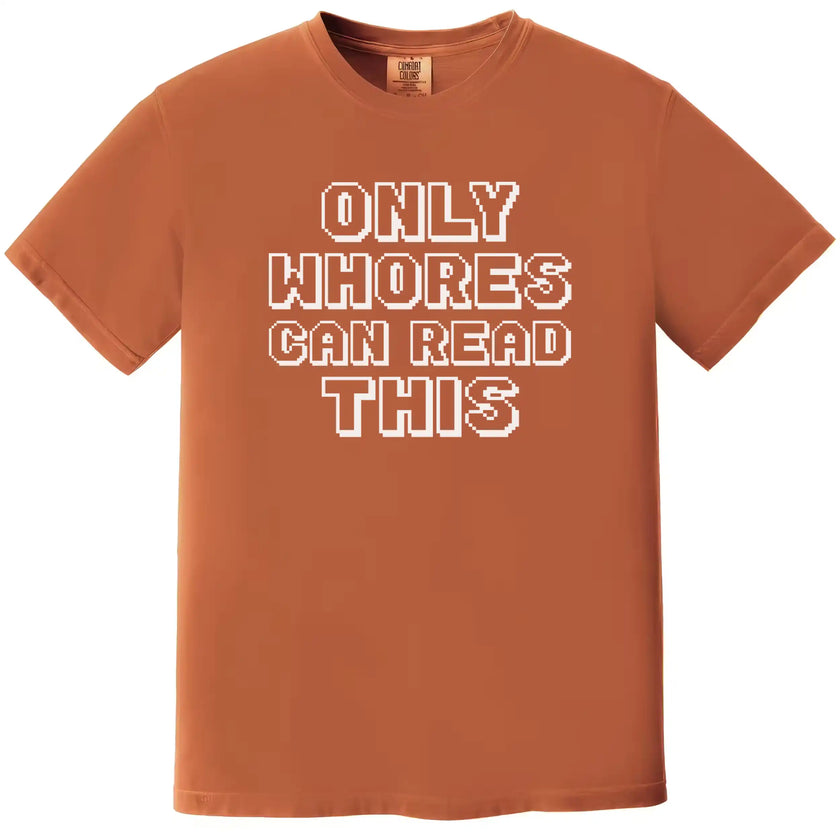 Funny edgy retro pixel shirt in orange, bold sarcastic statement graphic tee, casual humor design.