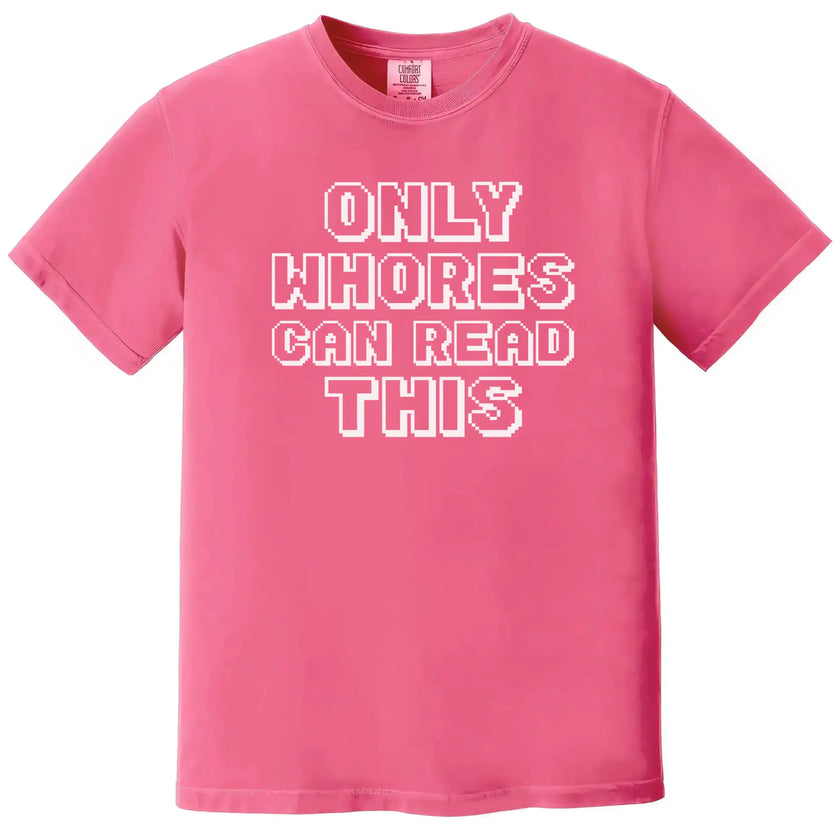 Funny retro pixel graphic tee in pink, bold sarcastic statement design, edgy humor casual shirt.
