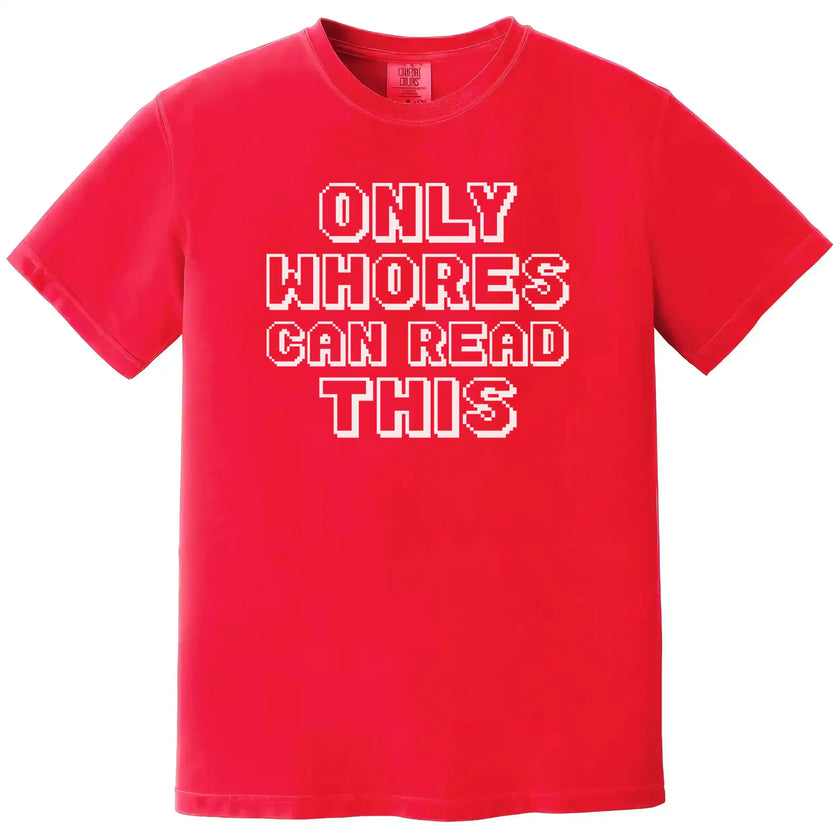 Retro pixel humor t-shirt in red, sarcastic edgy statement design, bold funny graphic casual tee.