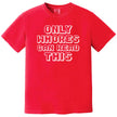 Retro pixel humor t-shirt in red, sarcastic edgy statement design, bold funny graphic casual tee.