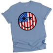 Patriotic paint splatter flag t-shirt in blue, smiling face design with star eyes, fun and casual July 4th graphic tee.