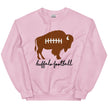 Flat lay of a cute pink Buffalo football sweatshirt showcasing a brown football-inspired buffalo design with laces and stylish black scroll lettering.