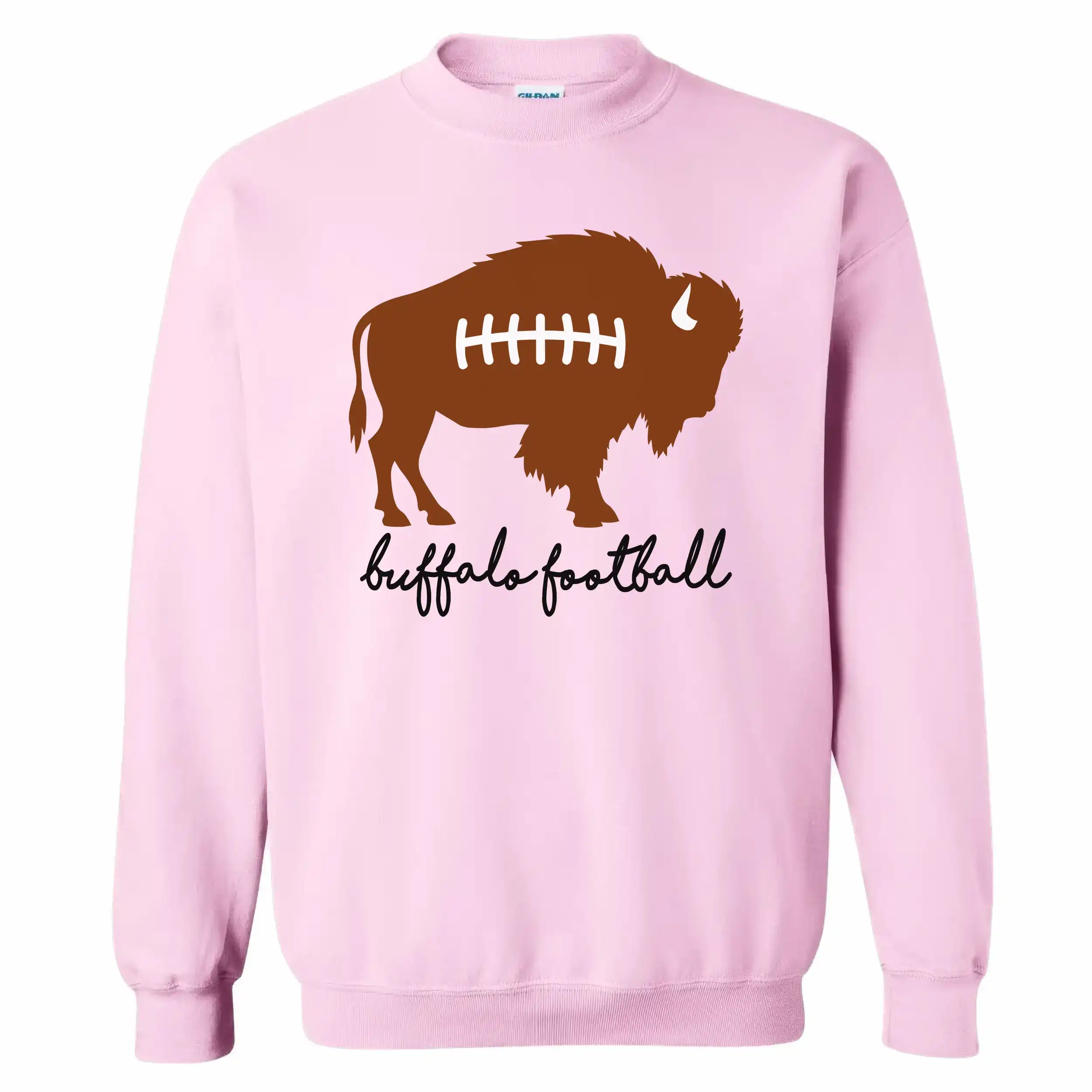 Light pink Buffalo football sweatshirt featuring a cute brown buffalo silhouette designed with football laces, paired with black script lettering that reads Buffalo Football.