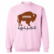 Light pink Buffalo football sweatshirt featuring a cute brown buffalo silhouette designed with football laces, paired with black script lettering that reads Buffalo Football.