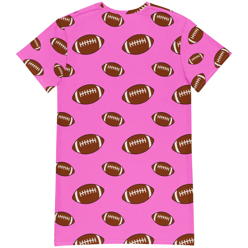 Back view of pink oversized lounge dress with repeating large and small brown football pattern in cute all-over design, relaxed comfortable fit.
