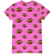 Back view of pink oversized lounge dress with repeating large and small brown football pattern in cute all-over design, relaxed comfortable fit.