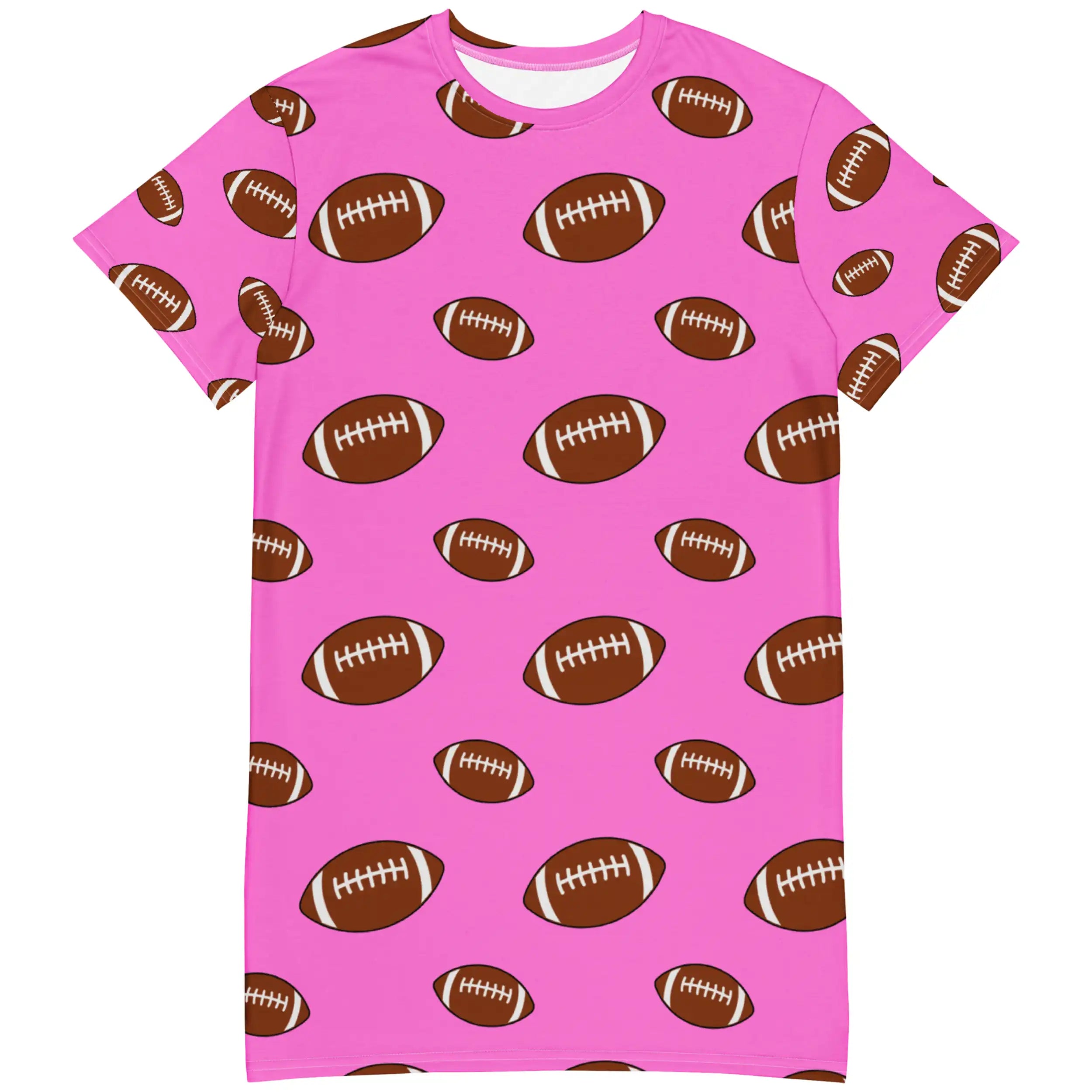 Pink oversized nightshirt featuring alternating large and small brown football pattern in playful all-over print, soft relaxed fit for cozy wear
