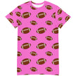 Pink oversized nightshirt featuring alternating large and small brown football pattern in playful all-over print, soft relaxed fit for cozy wear