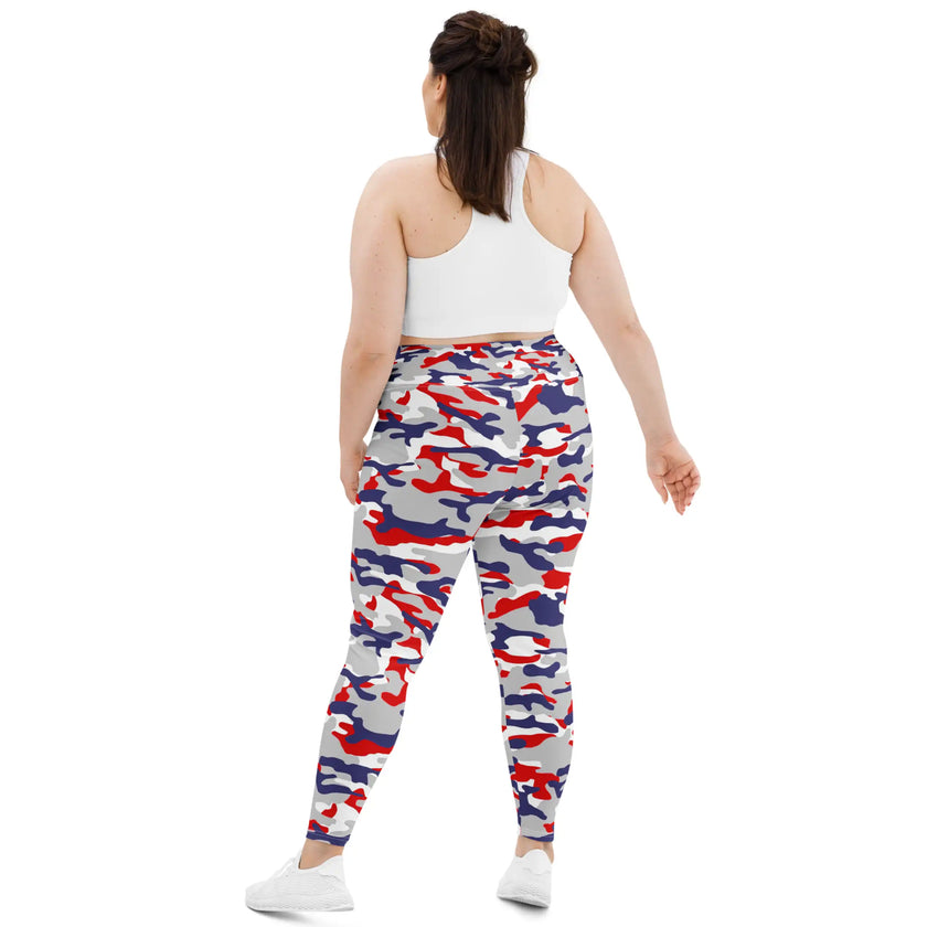 Back view of plus size Buffalo football leggings showcasing the distinctive red white blue and grey camouflage print in a bold original design.