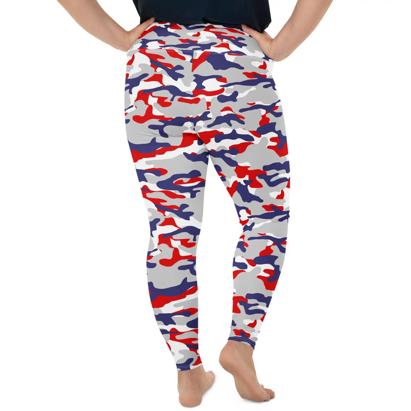Rear view of plus size Buffalo football camo leggings highlighting the unique red white blue and grey camouflage pattern and flattering fitted silhouette.