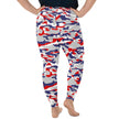 Rear view of plus size Buffalo football camo leggings highlighting the unique red white blue and grey camouflage pattern and flattering fitted silhouette.