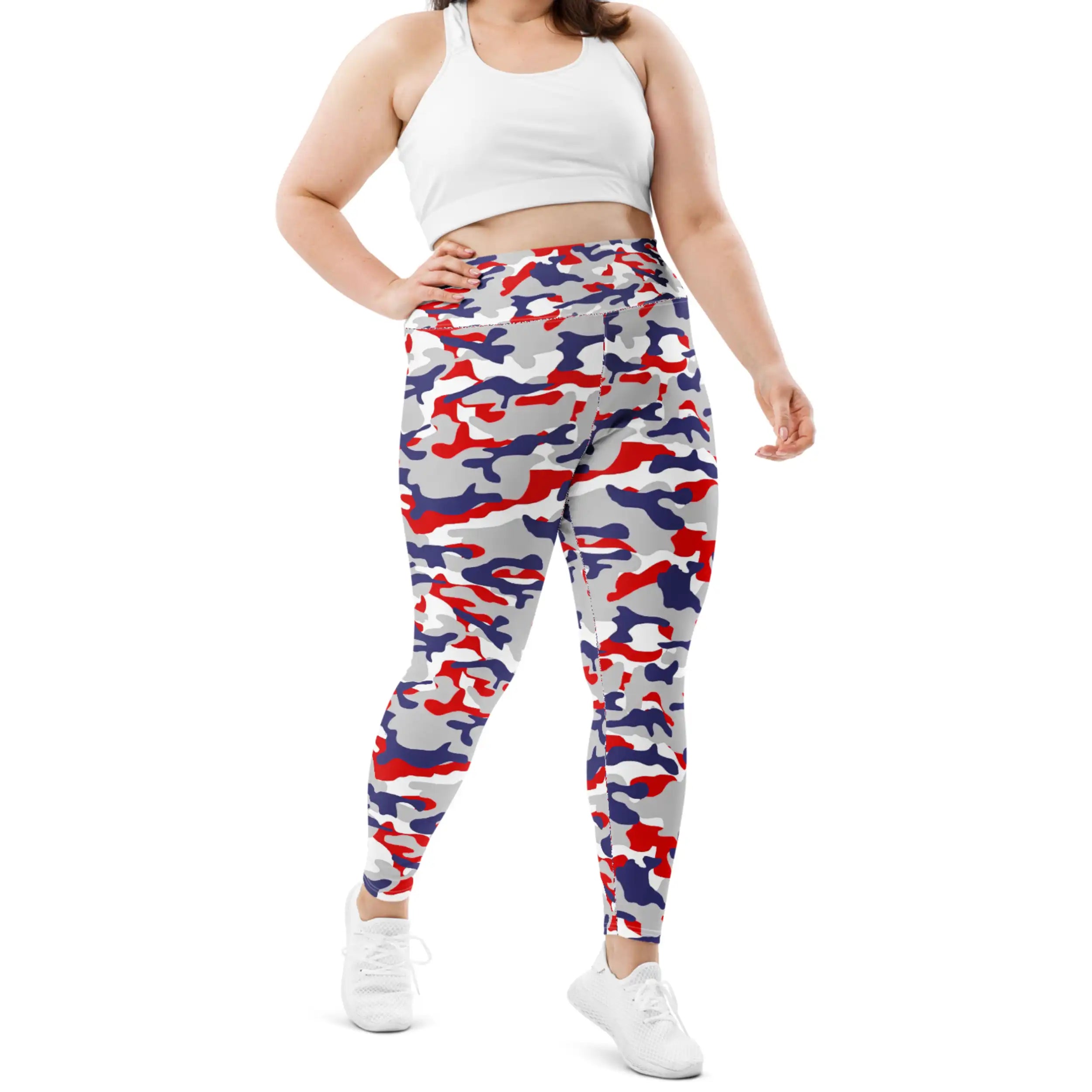 Plus size Buffalo football camouflage leggings featuring original red white blue and grey team-color camo pattern, bold fitted fan apparel with standout Buffalo style.