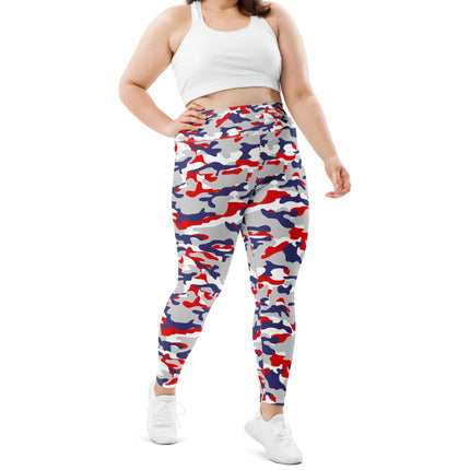 Plus size Buffalo football camouflage leggings featuring original red white blue and grey team-color camo pattern, bold fitted fan apparel with standout Buffalo style.
