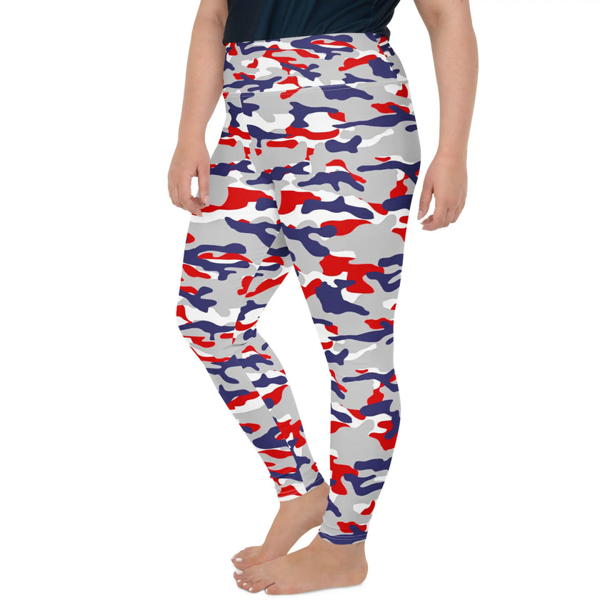 Side view of plus size Buffalo fan leggings featuring the signature team-color camouflage pattern and comfortable stretch fit for eye-catching game day style.