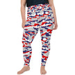 Woman posing in plus size Buffalo football camouflage leggings featuring the original red white blue and grey team-color pattern, statement fan fashion designed to stand out.
