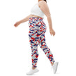 Left side view of extended-size Buffalo football leggings displaying the original team-color camouflage print in bold red white blue and grey.