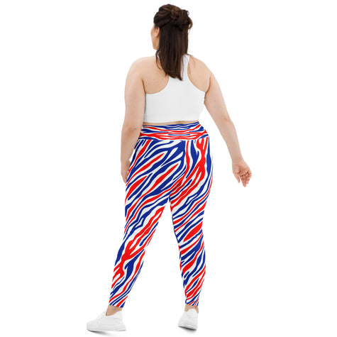 Back view of plus size Buffalo fan leggings showcasing unique football stripe print in vibrant red white and blue, original statement apparel design.