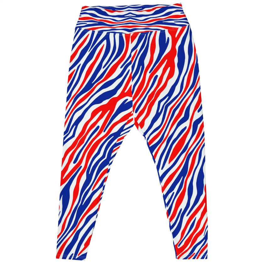 Flat lay of plus size Buffalo football leggings displaying signature red white and blue stripe pattern, bold original design created for Buffalo fans.