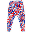 Flat lay of plus size Buffalo football leggings displaying signature red white and blue stripe pattern, bold original design created for Buffalo fans.
