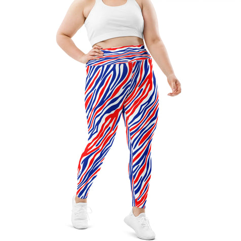 Plus size Buffalo football leggings featuring signature red white and blue striped pattern, bold original game day design with comfortable fitted stretch style.