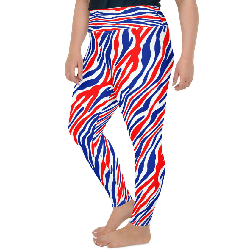 Left side view of plus size Buffalo leggings with original red white and blue football stripe design, eye-catching fan apparel made for Buffalo supporters.