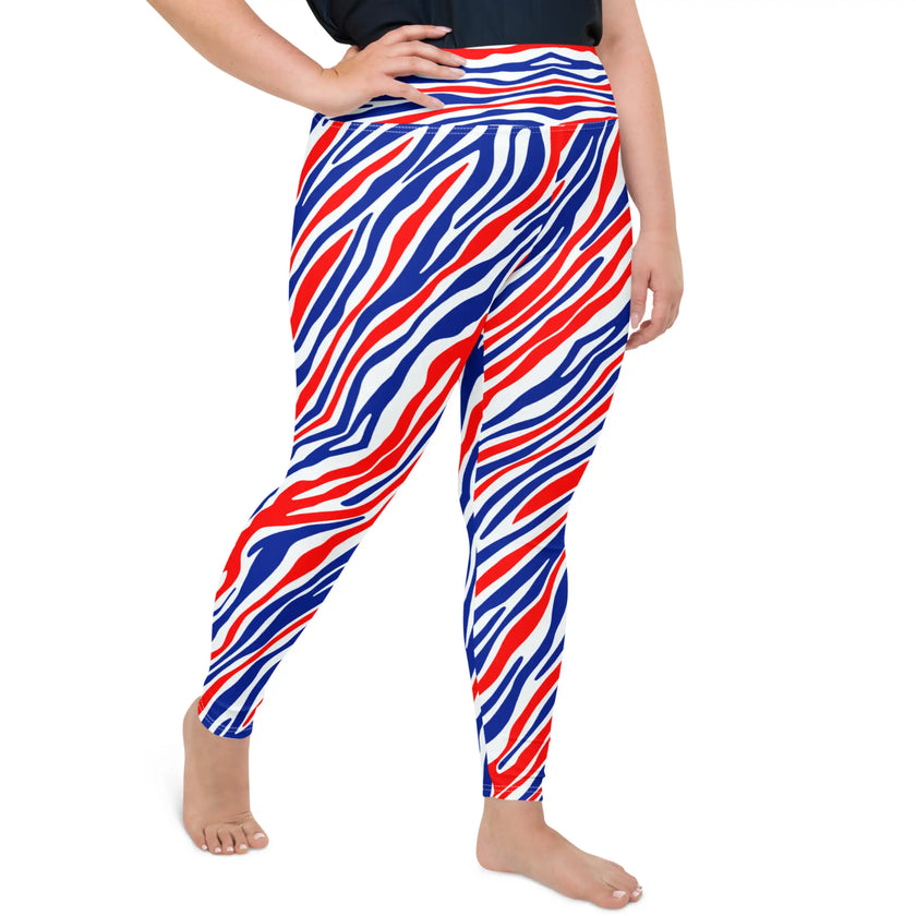 Right side view of plus size Buffalo fan leggings featuring original football-inspired stripes in red white and blue, unique game day fashion design.
