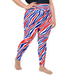 Right side view of plus size Buffalo fan leggings featuring original football-inspired stripes in red white and blue, unique game day fashion design.