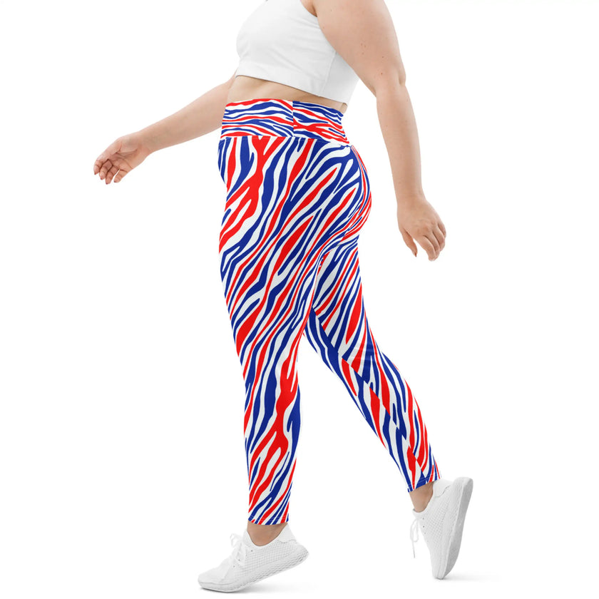 Side view of plus size Buffalo football leggings featuring signature striped pattern, bold team-inspired colors, and flattering athletic fit for game day style.