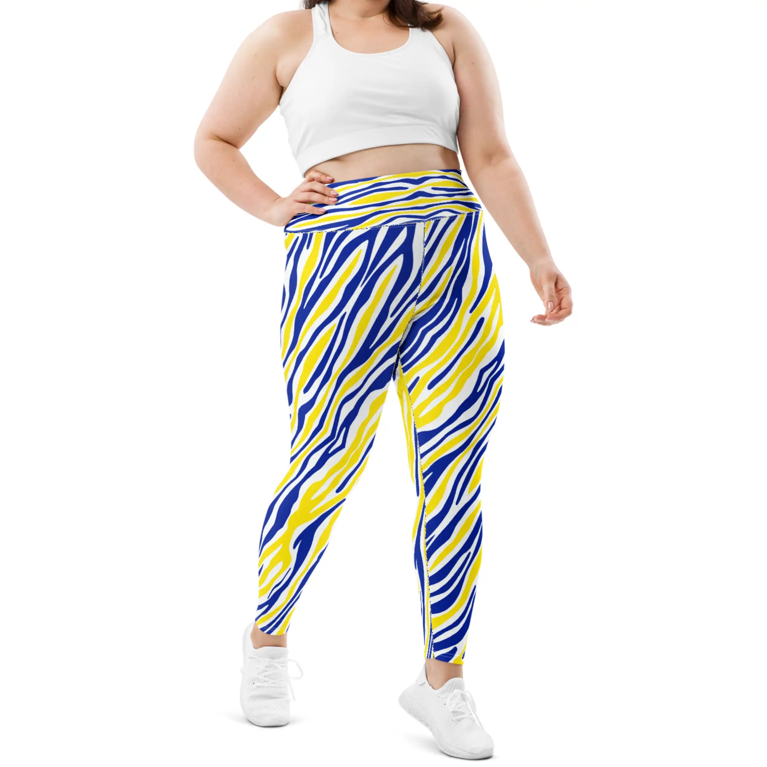 Plus size Buffalo hockey leggings featuring bold blue and gold stripes with signature Buffalo silhouettes, colorful fan apparel designed for a comfortable fitted style.