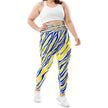 Plus size Buffalo hockey leggings featuring bold blue and gold stripes with signature Buffalo silhouettes, colorful fan apparel designed for a comfortable fitted style.