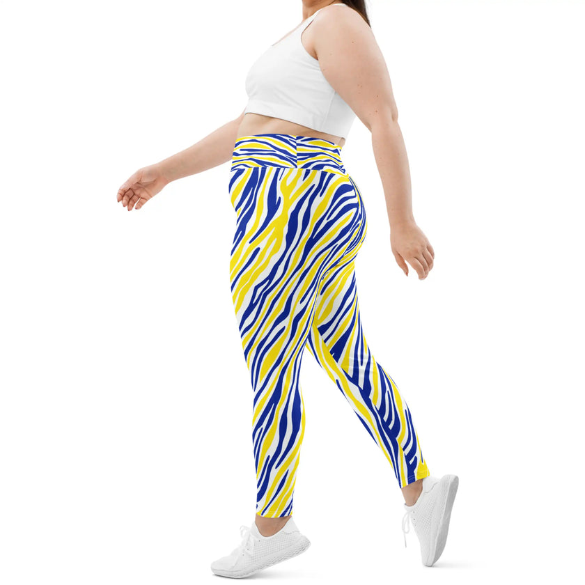 Left side view of extended-size hockey leggings displaying the original Buffalo stripe design in eye-catching blue and gold colors.