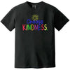 Black “Choose Kindness” t-shirt flat lay featuring rainbow crayon lettering and smiling sun design for a cheerful, positive message