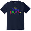 Navy “Choose Kindness” t-shirt flat lay showcasing colorful crayon-style text and happy sun graphic for everyday positive wear