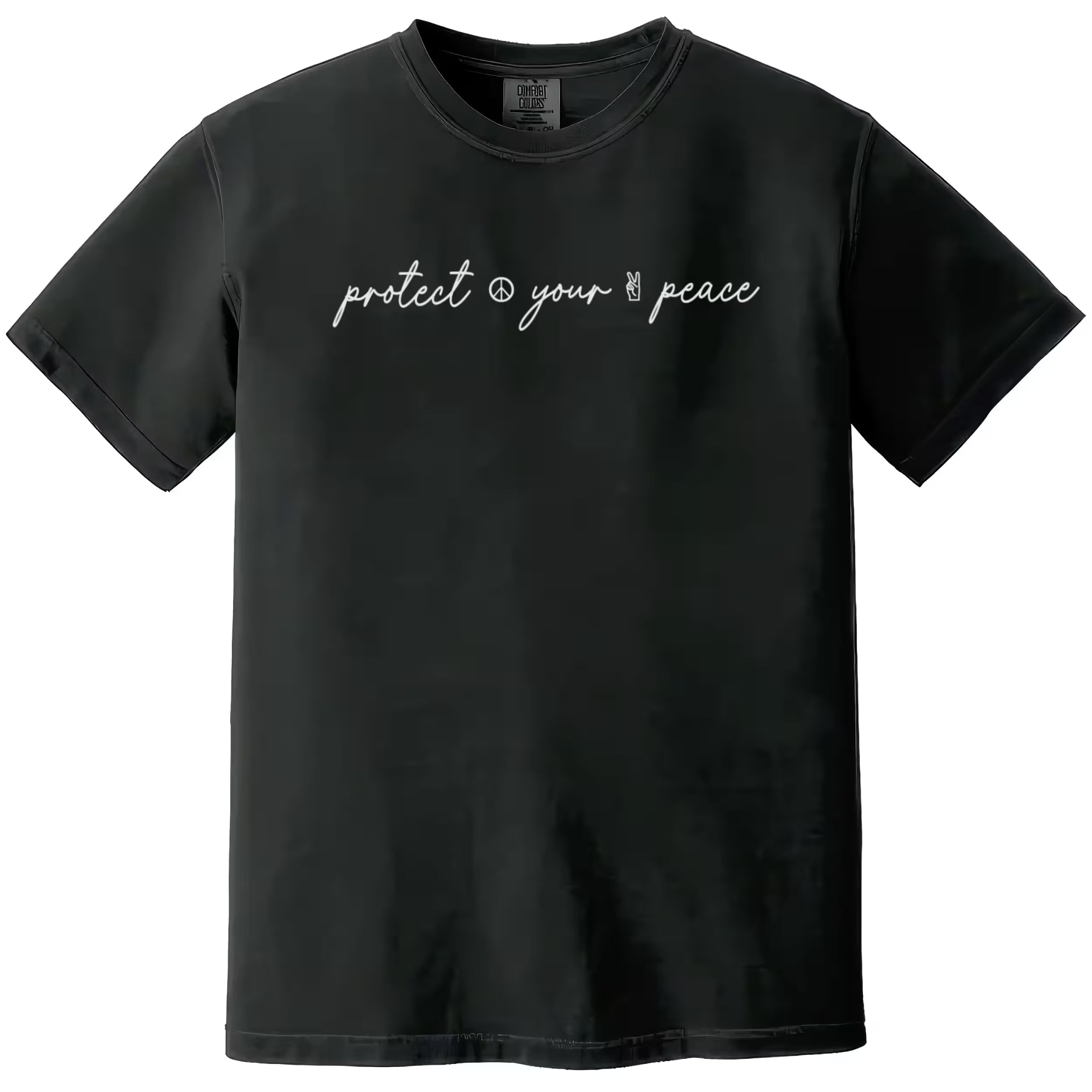 Black “Protect Your Peace” t-shirt flat lay featuring elegant script lettering and subtle peace icon details for a minimalist and mindful vibe