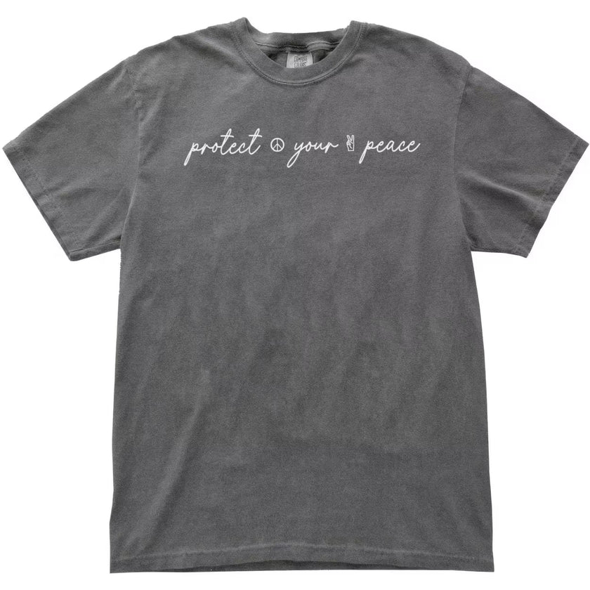 Gray “Protect Your Peace” t-shirt flat lay with minimalist script lettering and peace sign icons, perfect for relaxed, intentional wear