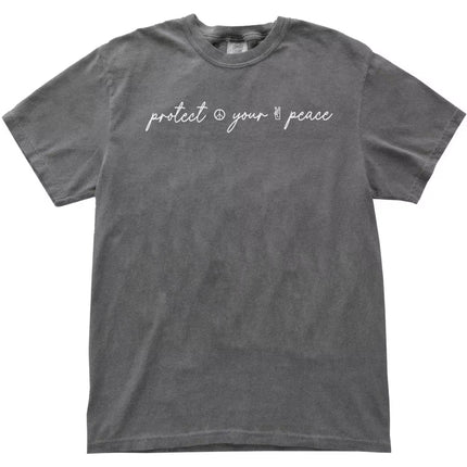 Gray “Protect Your Peace” t-shirt flat lay with minimalist script lettering and peace sign icons, perfect for relaxed, intentional wear