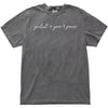 Gray “Protect Your Peace” t-shirt flat lay with minimalist script lettering and peace sign icons, perfect for relaxed, intentional wear
