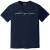 Navy “Protect Your Peace” t-shirt flat lay featuring fancy script font and small peace signs, perfect for everyday casual wear
