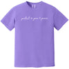 Purple “Protect Your Peace” t-shirt flat lay highlighting subtle peace signs and clean script font for a minimalist, thoughtful look