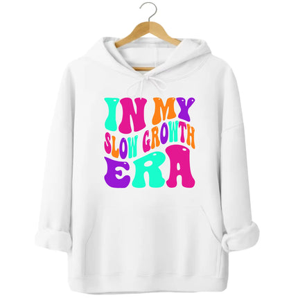 White “In My Slow Growth Era” hoodie with neon retro text, cheerful and encouraging design for slow growth and self-kindness