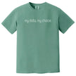 Green “My Data, My Choice” t-shirt flat lay with simple, modern lettering and minimalist statement for cause-minded wear