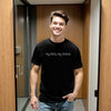 Model wearing black “My Data, My Choice” t-shirt in a casual lifestyle setting, confident, cool, and quietly unbothered