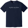 Navy “My Data, My Choice” t-shirt flat lay showcasing simple dot-style lettering and clear, cause-driven statement