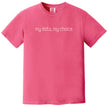 Pink “My Data, My Choice” t-shirt flat lay with minimalist font and playful yet bold cause-related message