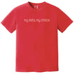 Red “My Data, My Choice” t-shirt flat lay featuring minimalist dot-style font and bold, cause-driven message for everyday wear