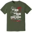 Crime show humor t-shirt in green, dark sarcastic poem design with blood splatters and bold mixed-font lettering