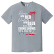 Funny creepy t-shirt in grey, crime show poem graphic with dripping blood details and layered typography.