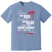 Dark humor poem tee in light blue, true crime-inspired text with blood splatter graphics and mixed typography design.