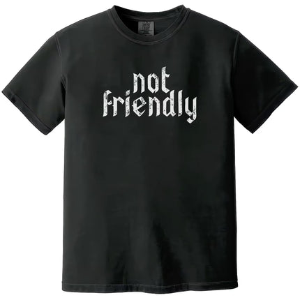 Black “Not Friendly” t-shirt flat lay highlighting distressed gothic font and bold sarcastic graphic design