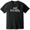 Black “Not Friendly” t-shirt flat lay highlighting distressed gothic font and bold sarcastic graphic design